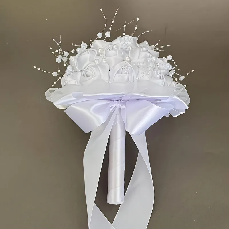 باقة زفاف عروس فاخرة من الحرير الوردي باقة زهور صناعية محمولة مع شريط زفاف عتيق لتزيين باقة الزفاف