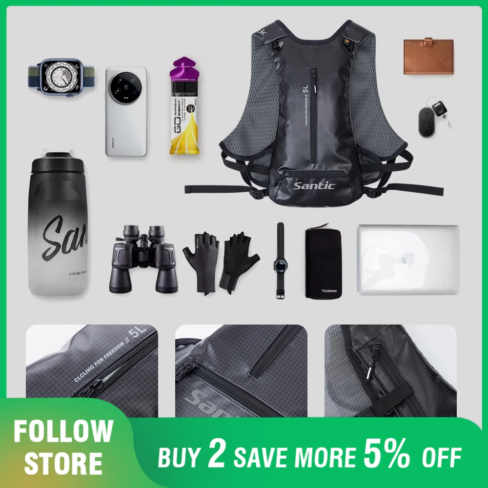 Santic Waterproof Cycling Backpack 5L Adjustable Chest MTB Road Riding Bicycle Bag with Helmet Net Storage Pocket Breathable
