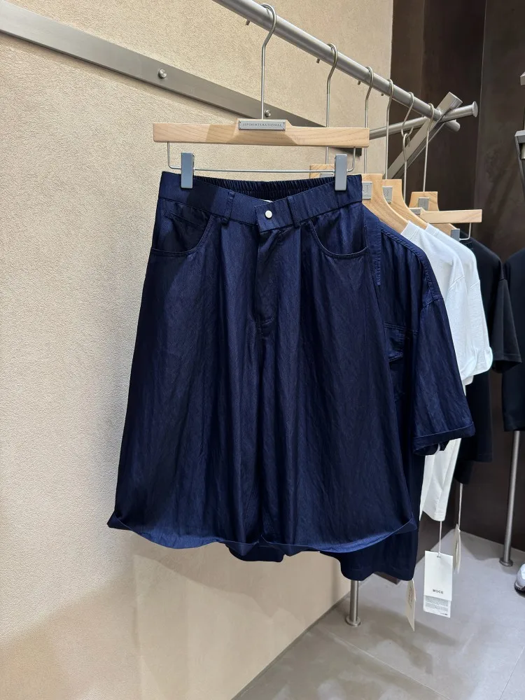 Mens Summer Fashion Thin Denim Shirt Sets Half Sleeve Turndown Collar Casual Tops Matching Set Loose Fit Mid-Calf Shorts Outfits