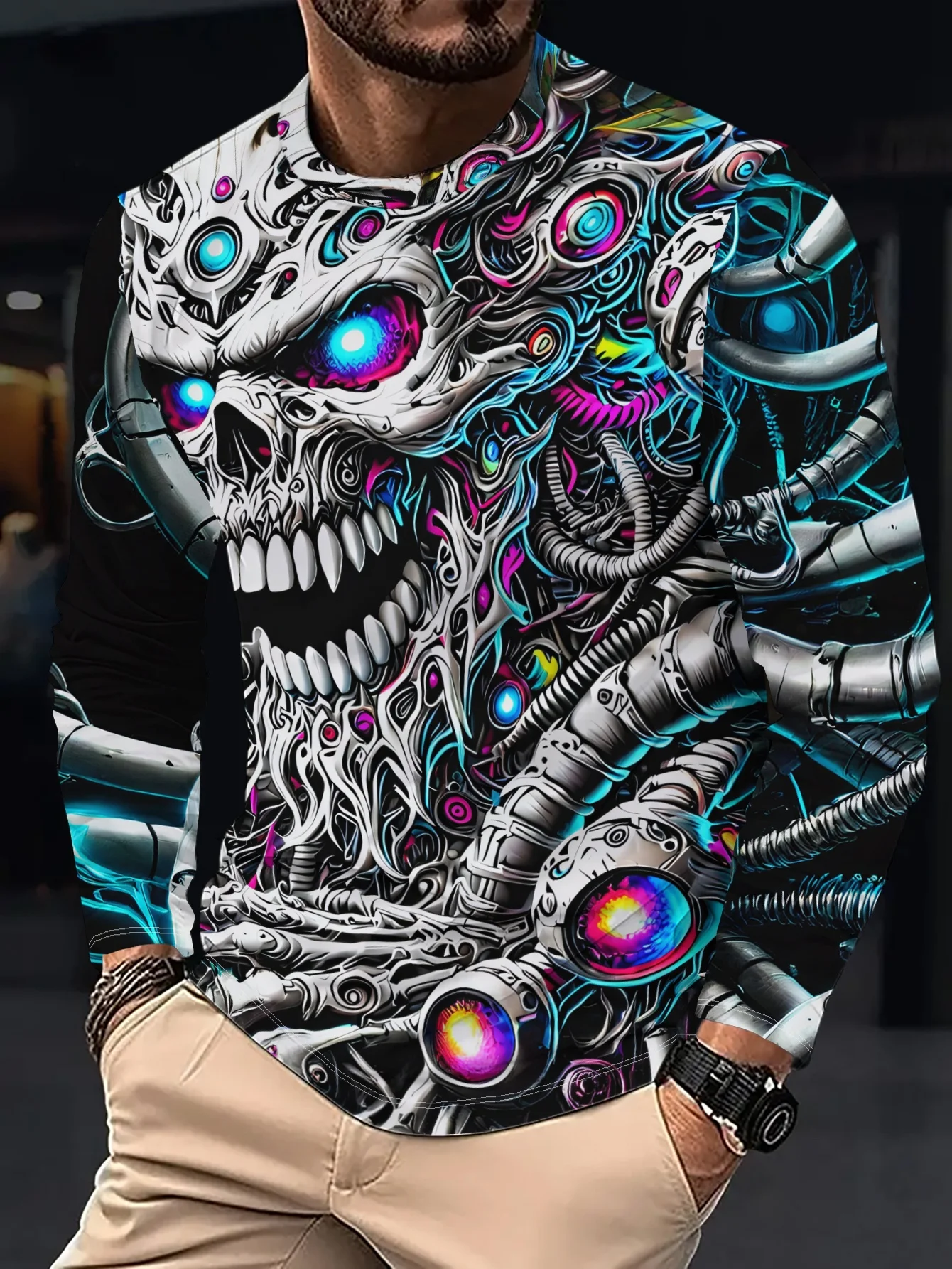 2026 new hot selling autumn and winter street abstract monster graffiti long sleeved bright color block graffiti print loose men