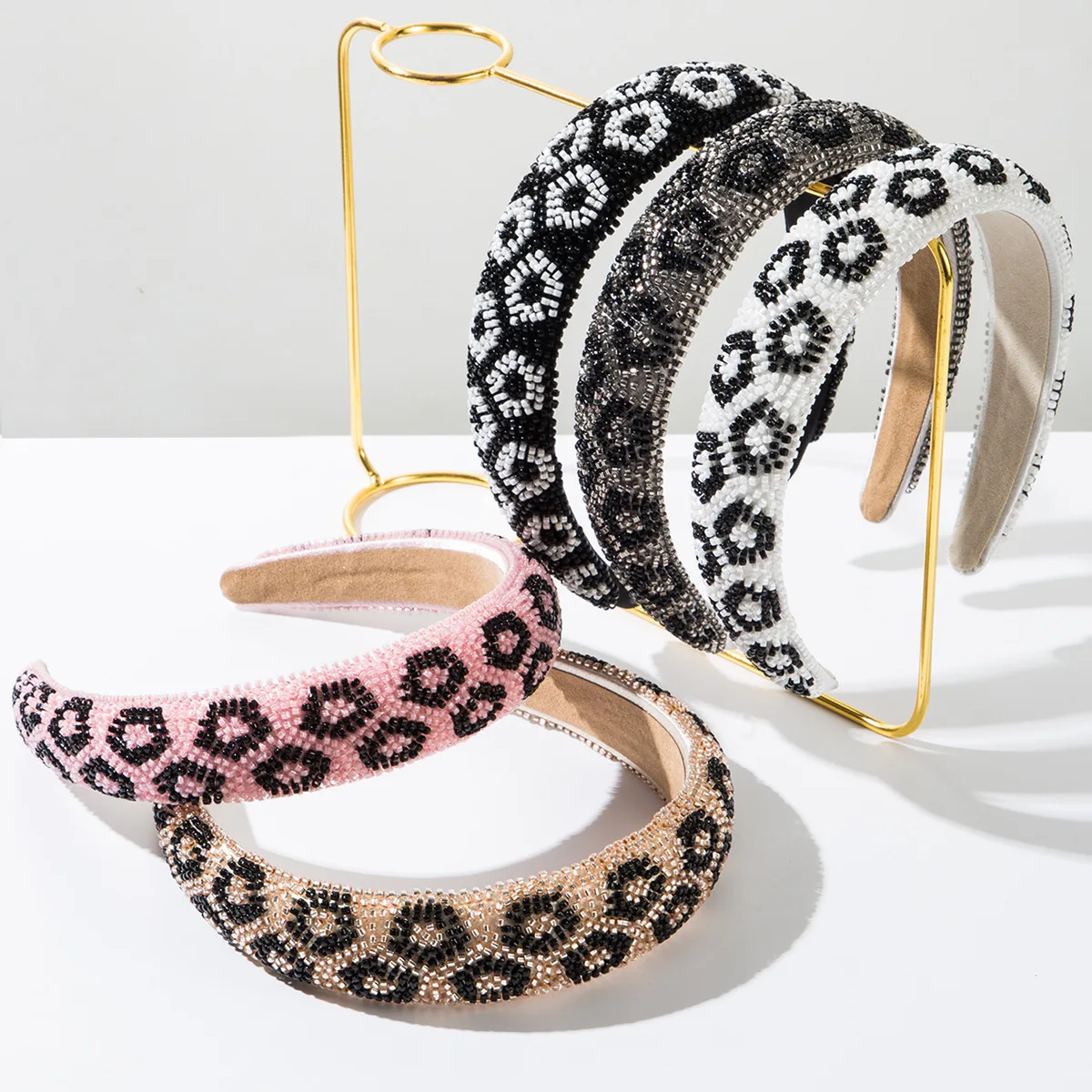 

Heming headband new hand-sewn rice bead headband heavy industry shiny personalized leopard print pattern fashion party hair acce