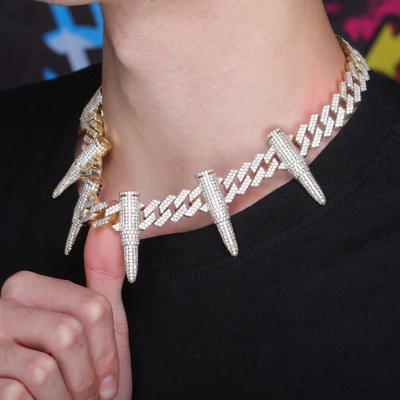 

Hip Hop Paved AAA+ CZ Zircon Bling Ice Out Rivets Bullet Shape cuban Chain Necklace for Men Rapper Punk Personality Jewelry