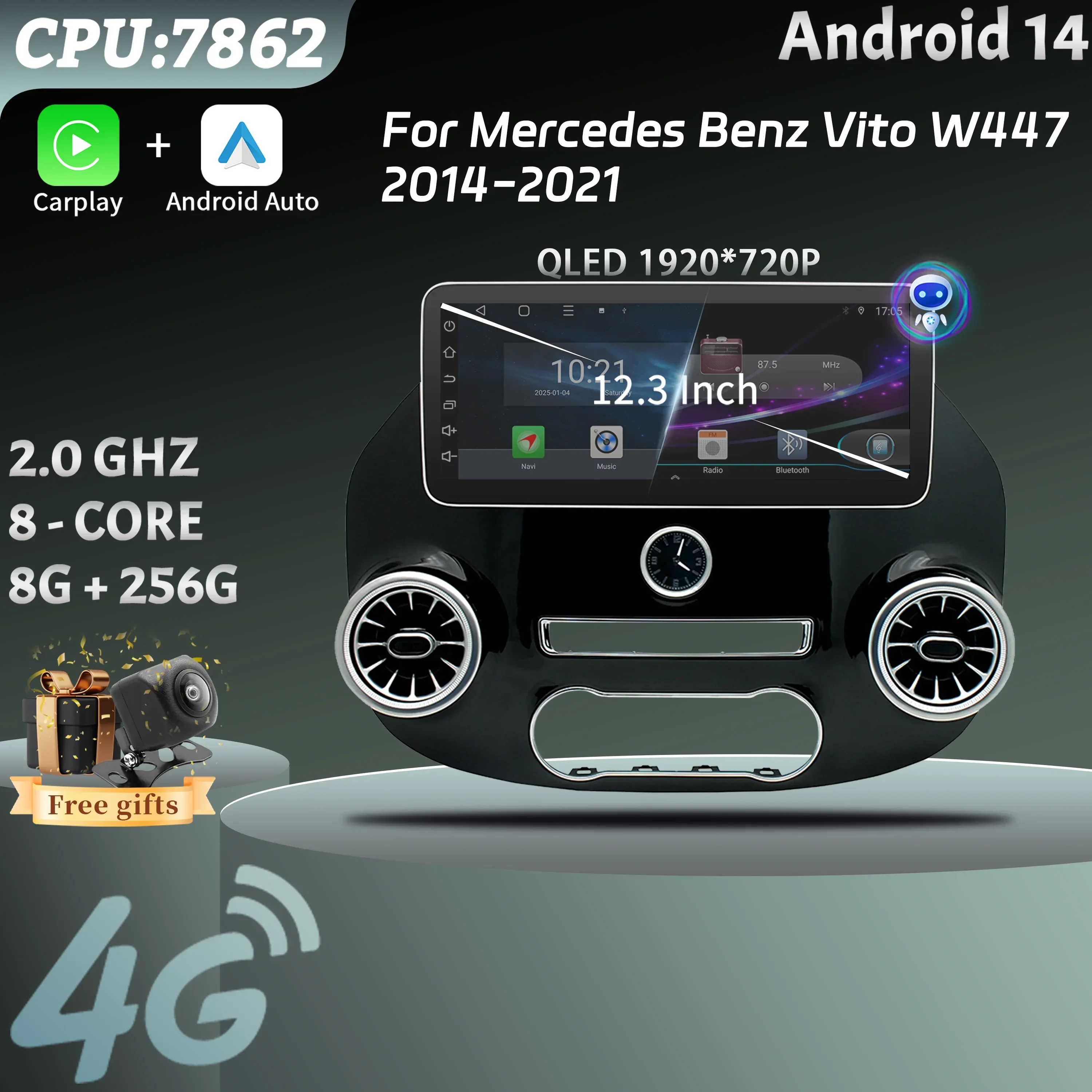 

12.3" For Mercedes Benz Vito W447 2014-2021 Car Radio GPS Wireless Bluetooth Carplay Android 14 Multimedia Stereo Touch Screen