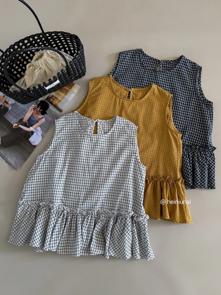 

Wedbleser, клетчатая рубашка с круглым вырезом и грибным краем, женская летняя рубашка 2022, повседневный свободный универсальный топ без рукавов со старением и капюшоном