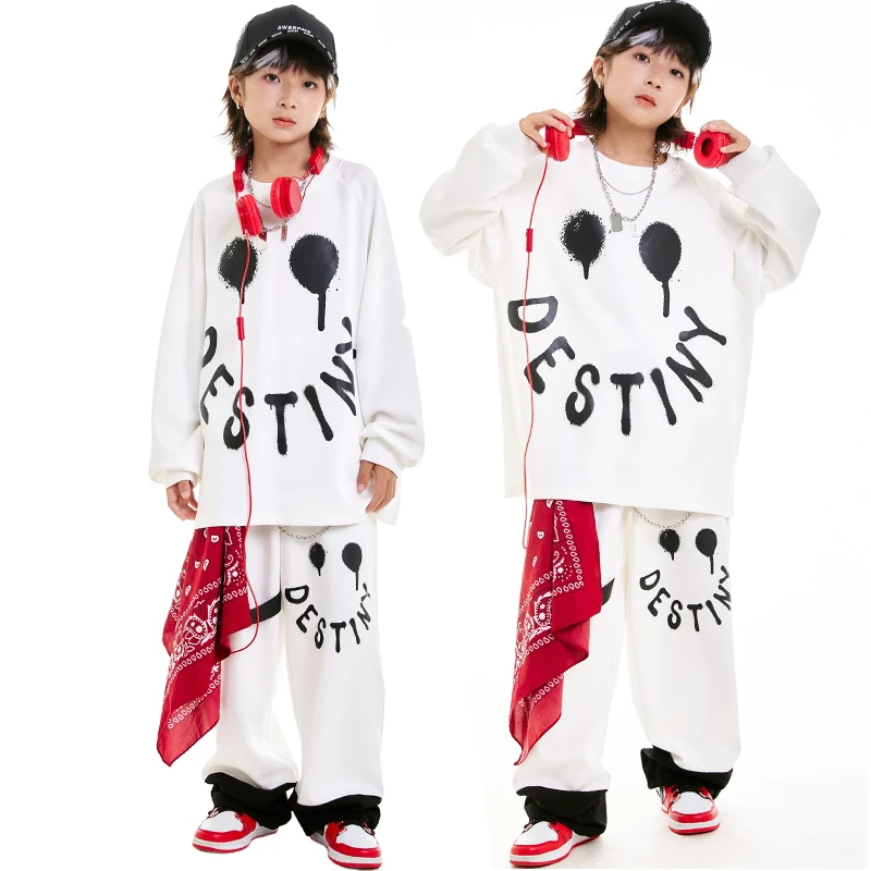 Children Street Dance Clothing Boys' White Hoodie Long Sleeve Suit Hip-Hop Outfits Kids Jazz Dance Performance Costumes DN19142