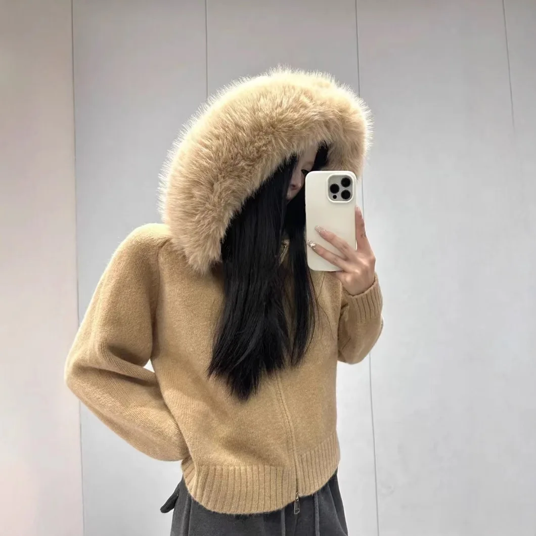 

Knitted Cardigan Sweater Women Solid Jumper Zipper Fur Collar Hooded Long Sleeve Loose Fit Casual Office Lady 2025 Autumn Winter