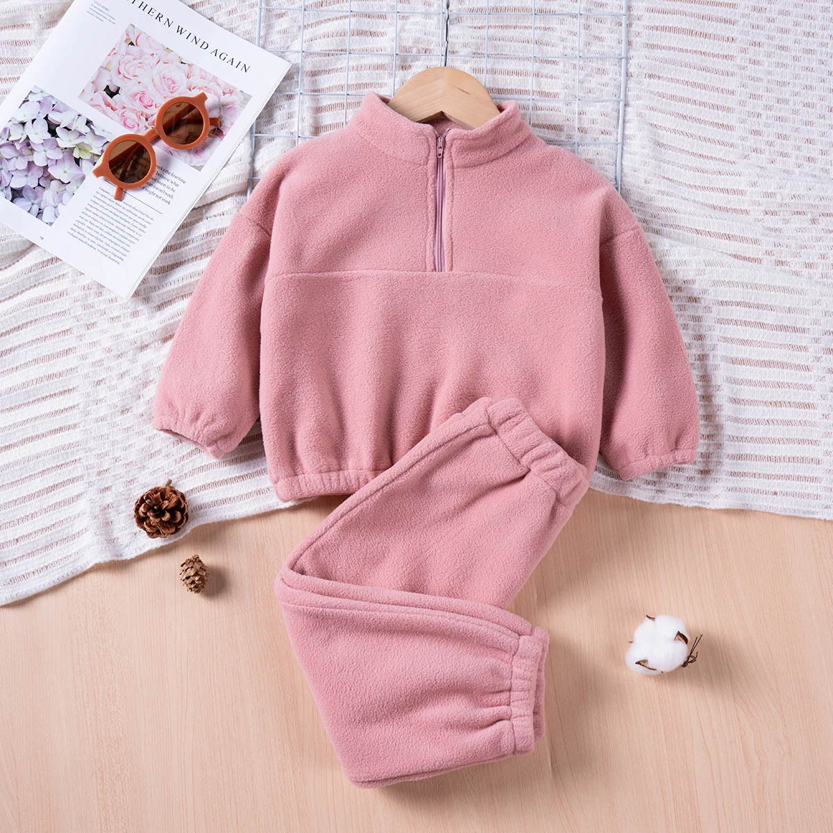 Winter Baby Clothes Solid Color 2 Piece Set Polar Fleece Kids Zipper Set Fur Sweasthirt And Pants Boys And Girls Sportswear