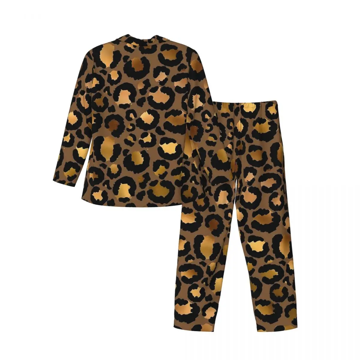 Pigiama Uomo Oro e Marrone Leopardo Sonno Indumenti da notte 2 Pezzi Retro Pigiama Set a maniche lunghe Kawaii Abito da casa oversize