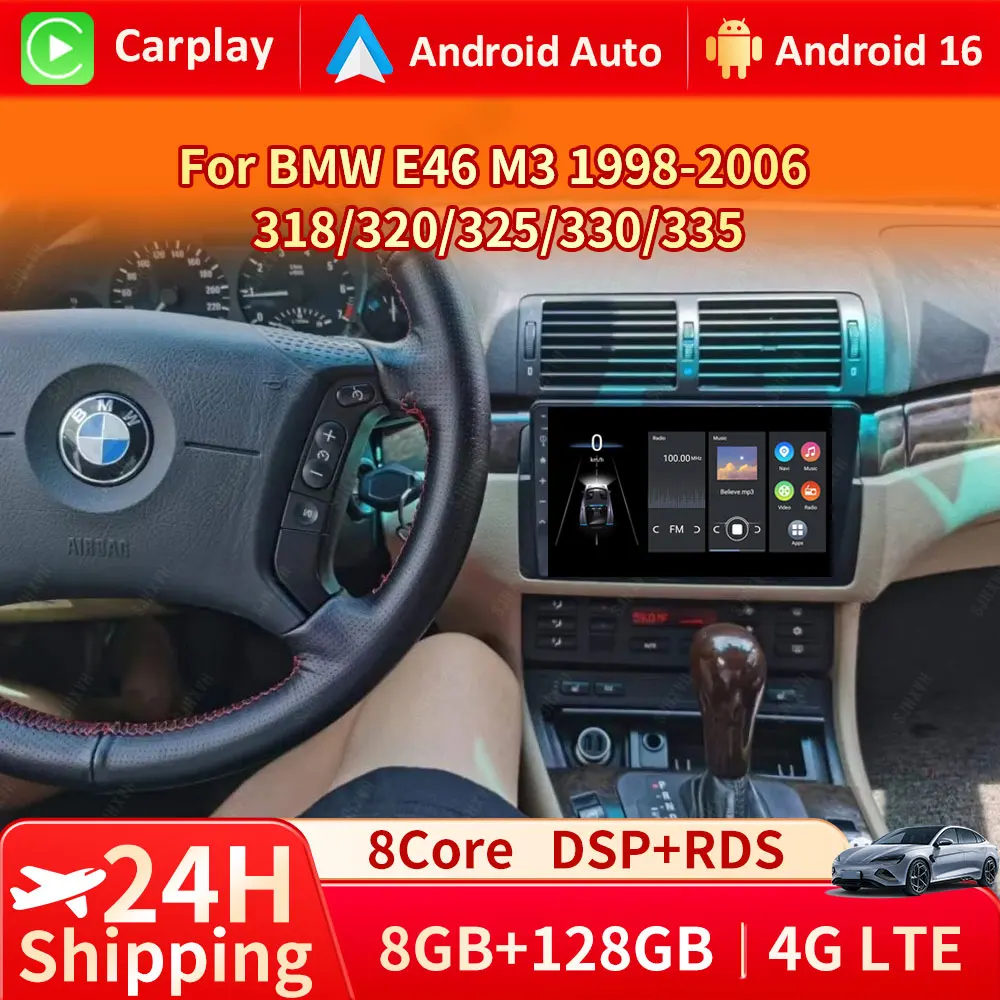 

Android 16 Wireless Carplay Auto Car Radio Stereo Multimedia Player For BMW E46 M3 318 320 325 330 335 1998-2006