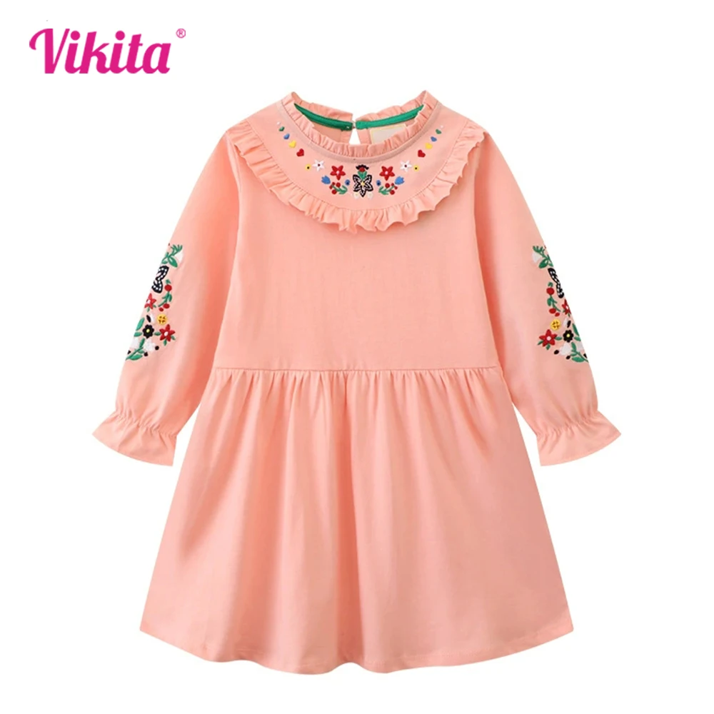 

VIKITA Girls Pink Dress Kids Floral Embroidery Ruffled Collar Dresses Girls Princess Cotton Casual Daily School Fashion Dress