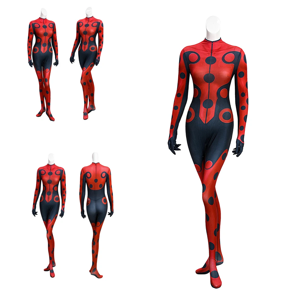 

Halloween Cosplay Anime Girl Lady S6 Cosplay Hero Costume 3D Printed Tight Fitting Black Red Ladybug Cosplay Zentai Jumpsuit