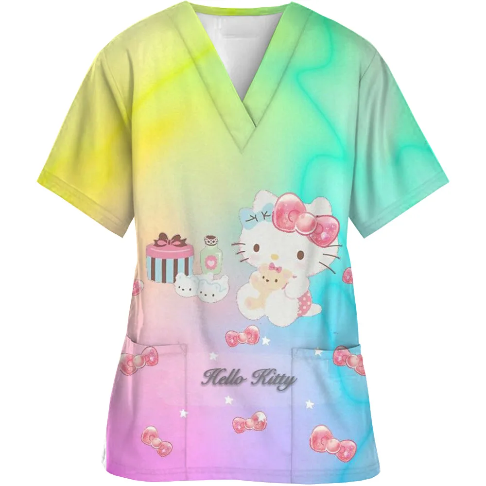 Women Working Uniform cartoon Print cute Hello Kitty Short Sleeve V-neck Tops Femme Blouse Nurse work wear Medical Uniforms