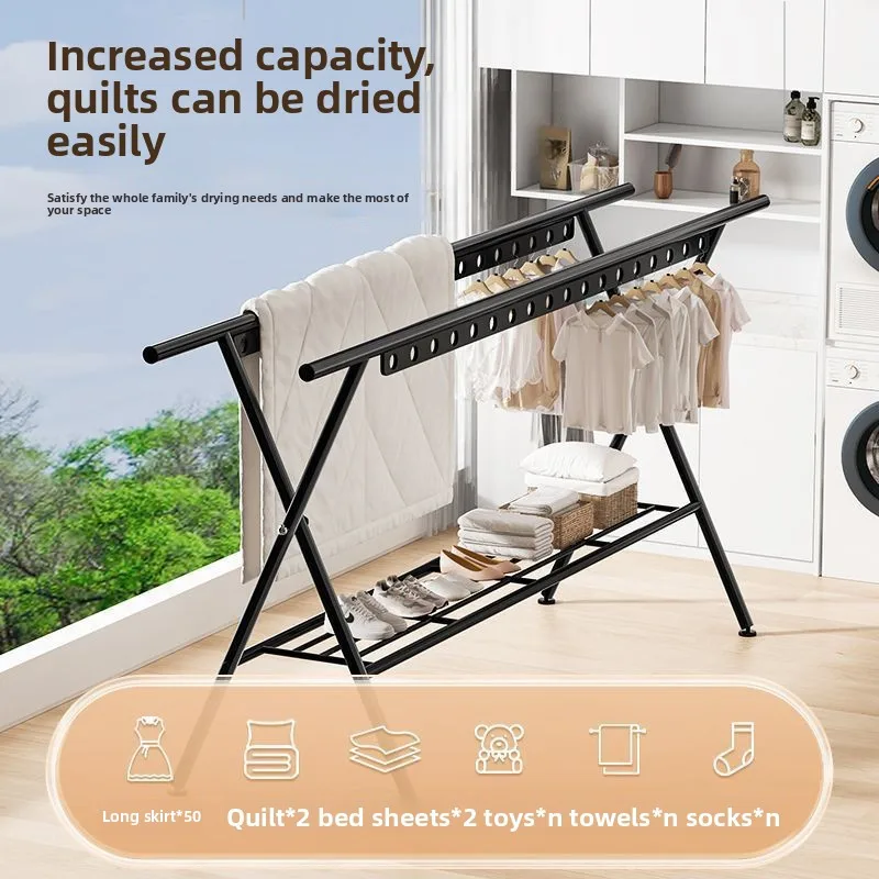 Foldable Standing Clothes Drying Rack Outdoor Windproof Balcony Clothes Hanger Extension Arm X Shaped Stand Clothes Rack