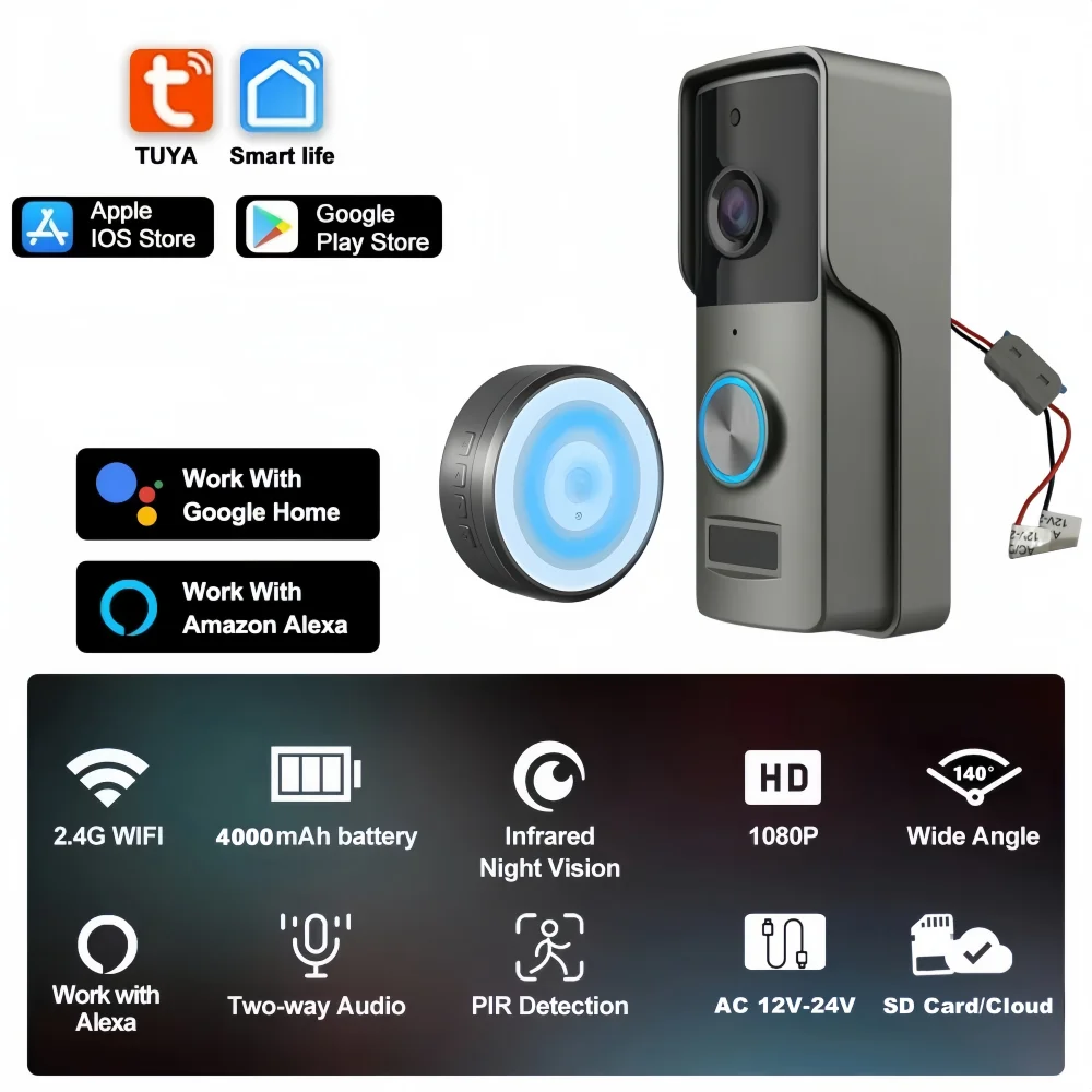 Tuya Smart Video Doorbell Camera Wifi Wireless Alexa Doorbell Street Ring Video Door Camera AC12-24V Powered Security Protection