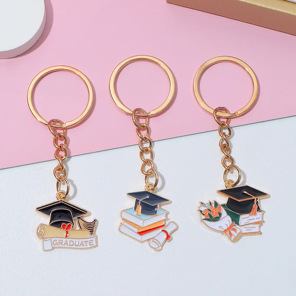 

60Pcs Flowers Bachelor's Cap Book Pendant Keychain Golden List Of Students Graduation Season Souvenirs Bag Charm