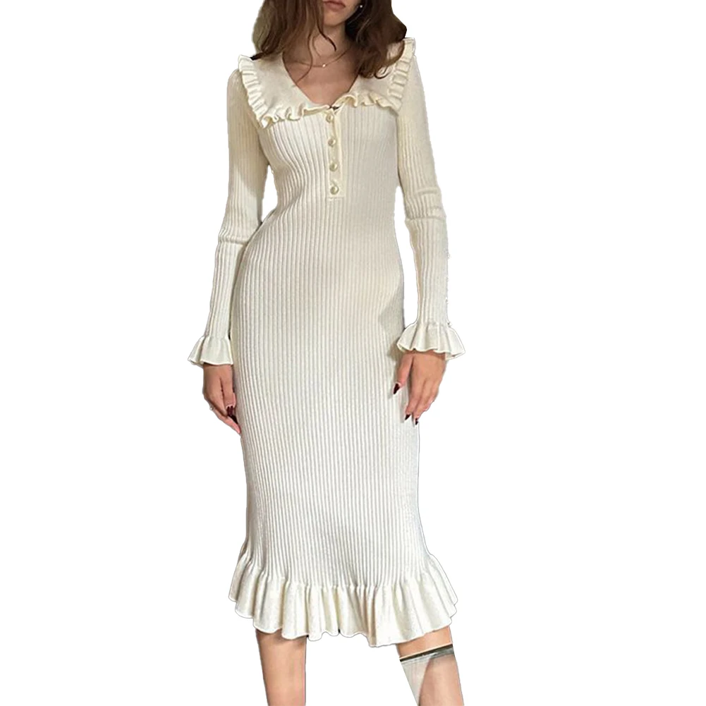 Trendy Ruffled Maxi Dresses Slim Long Dress Women\\\\\\\'s Vintage Dress Beige Black Highly Elastic and Elegant Knitted Jumper