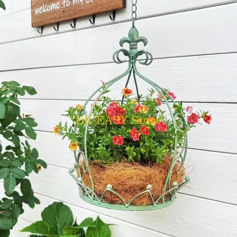 

E28F Outdoor Decoration Crown Hanging Planter Basket Decoration Wrought For Garden