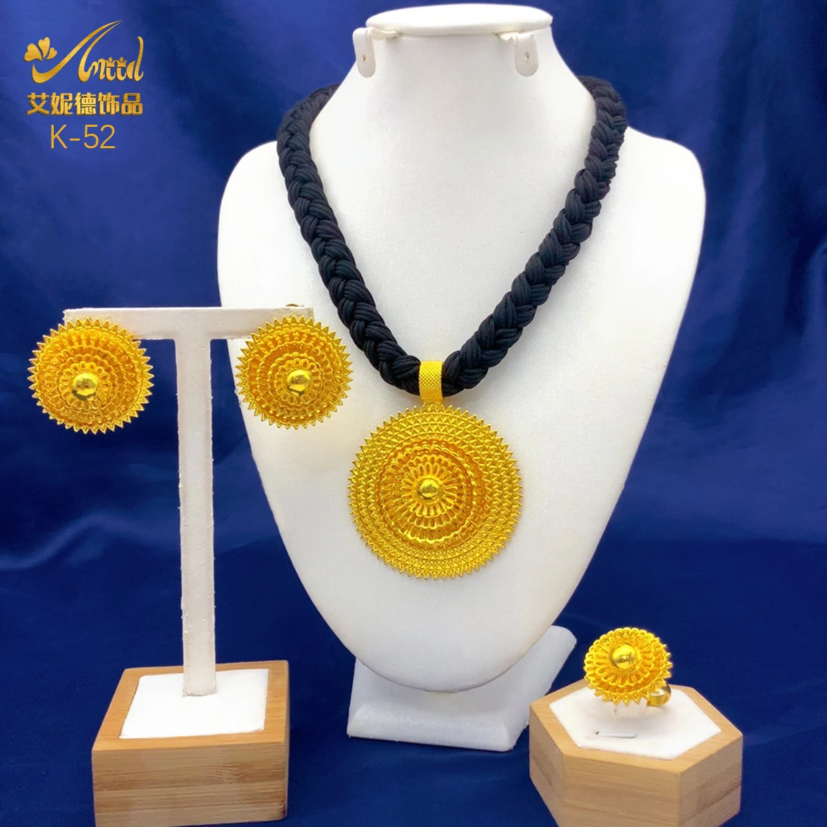 

African Black Rope Necklace Earrings Jewelry Set For Women 24K Gold Plated Dubai Indian Nigeria Bridal Wedding Party Jewellery