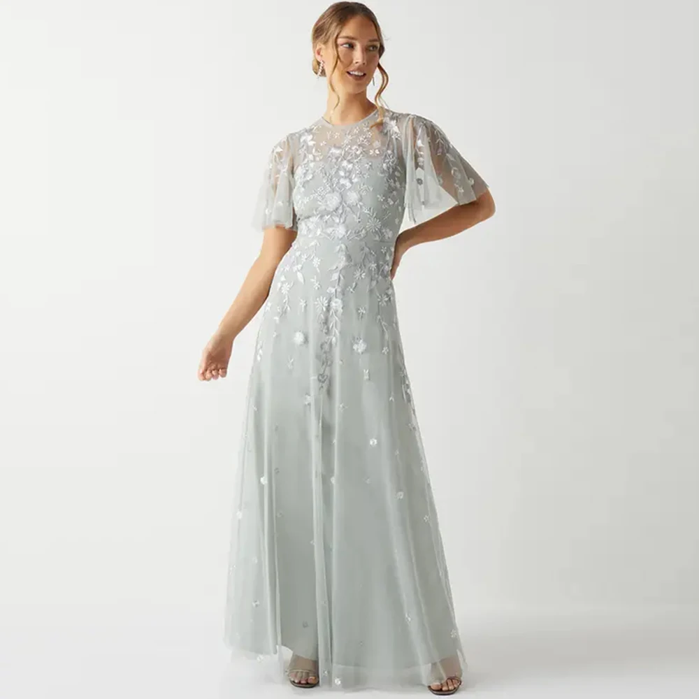 

Fashion Tulle Customized Evening Dress Simple O-Neck Short Sleeves Homecoming Dresses Exquisite Embroidery Celebrity Gowns