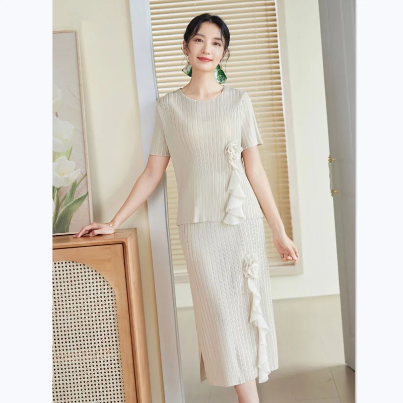 Skirt Sets For Women Summer New Stretch Miyake Pleated Two Piece Round Neck Short Sleeved Top + Elastic Waist Skirt