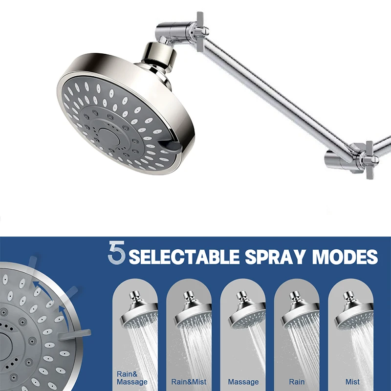 

5 mod High Pressure Rainfall Shower Head with 11'' Extension Arm - Luxury Modern Look - Pressure Boosting