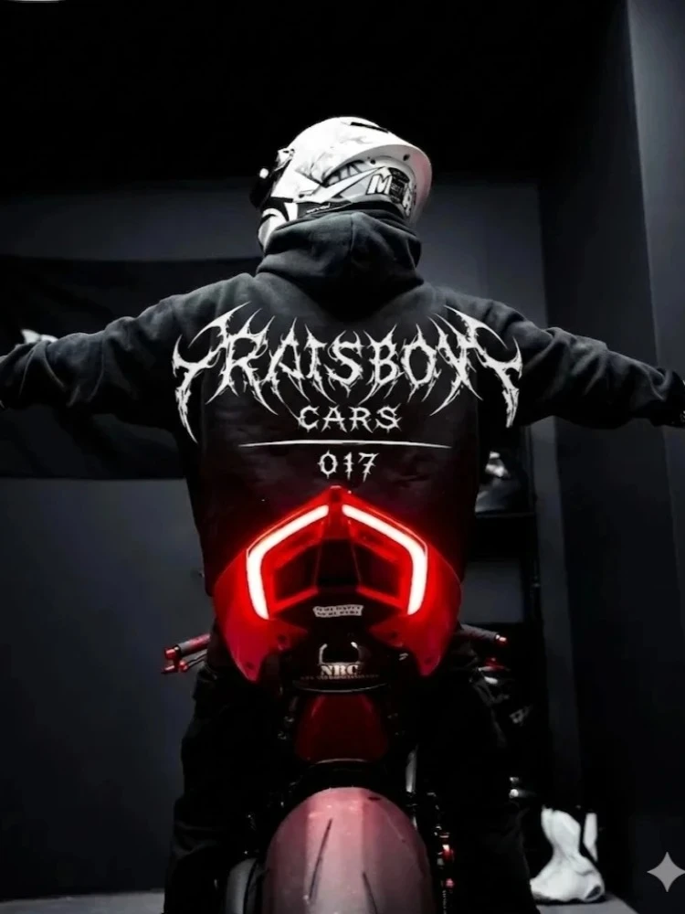 Men Gothic Print Reflection Hoodie Raisboy Graphic Pullover Motorcycle Streetwear Vintage Dark Street Hooded Unisex Y2k