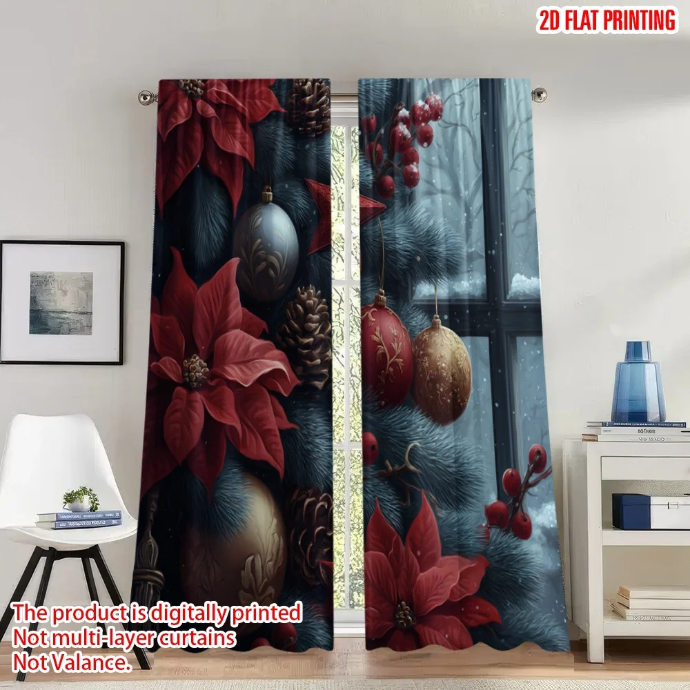 

2pcs 2D flat printing Merry Christmas Curtains Christmas Pine Festive Ornaments Digital Printed Polyester Drapes Family Party