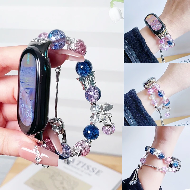 Butterfly Bead Watch Strap for Xiaomi Mi Band 7 6 5 4 3 Purple Crystal Jewelry Bracelet for MiBand 8 9 Women Wristband Correa