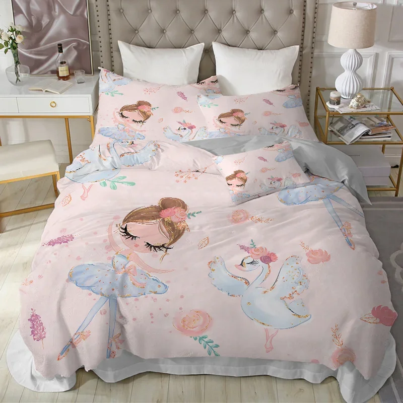 Modern Lovely Princess Kids Bedding Set Twin Size Microfiber Cartoon Unicorn Swan Ballet Girl Print Duvet Cover With Pillowcases