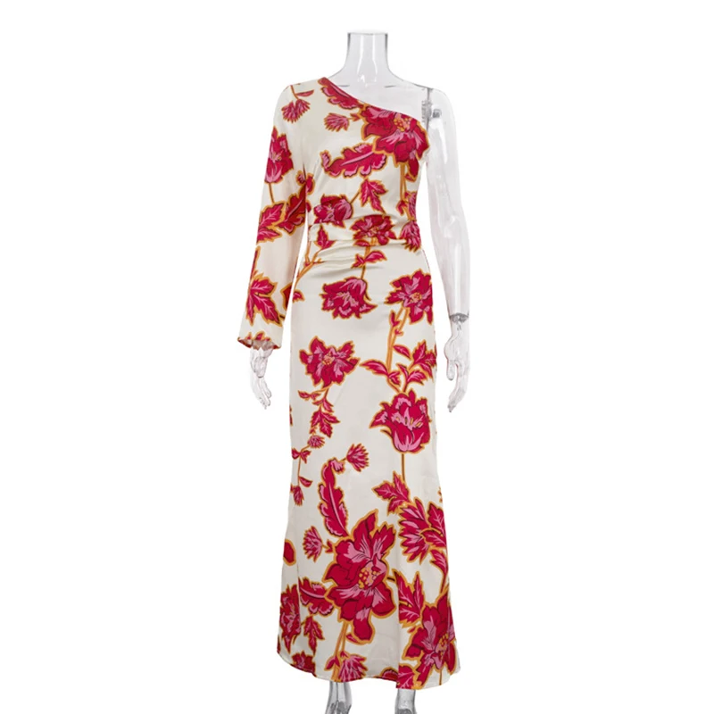 

Fashion Satin Printing Sloping Shoulders Dresses Spring Women Single Shoulder Sleeves Dress Autumn High Waist Hip Hugging Dress