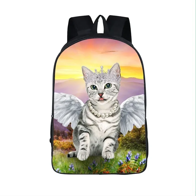 Kawaii gato preto branco anjo asa impressão mochila crianças sacos de escola adolescente mochilas de armazenamento meninas meninos sacos de viagem ao ar livre