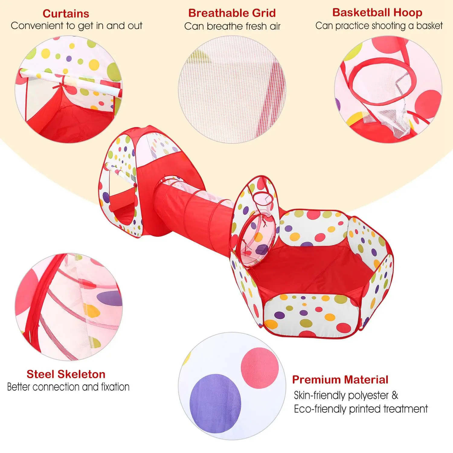 3 in 1 子供用クロールトンネルテント キッズプレイテント ボールピットセット 折りたたみ式子供用プレイハウス ポップアップキッズテント マルチパック