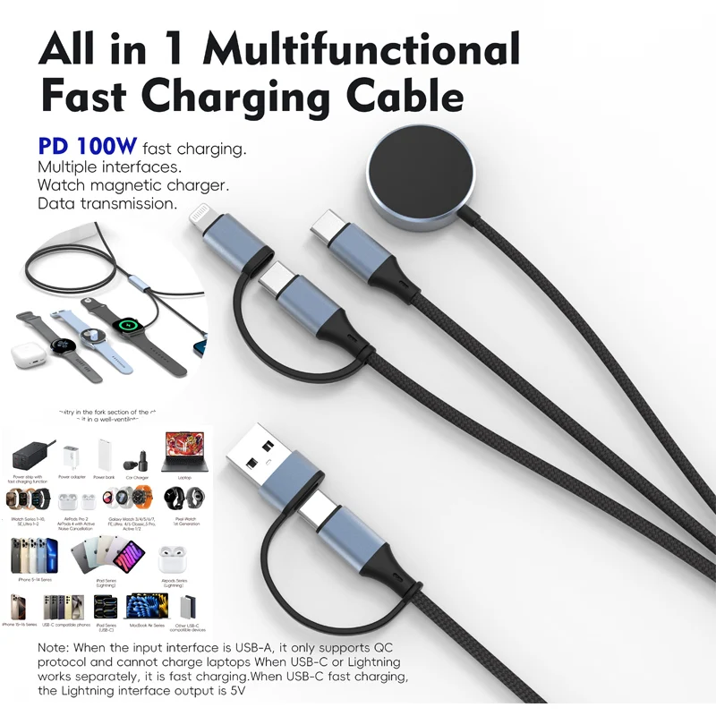 Multifunctional Fast Charging Cable For Apple Watch/Galaxy Watch USB A-C Charger Cable Power Bank For iPhone 16 15 iPad AirPods