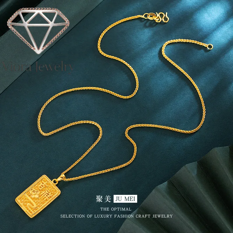 

Viora Jewelry 9999 seductive women's exquisite 24K real gold auspicious blessing characters Xiangyun square tag pendant collarb