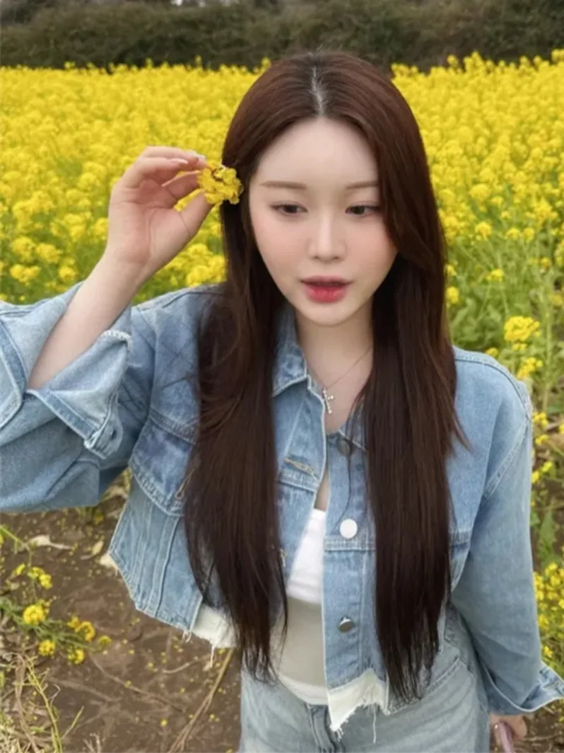 Chic primavera Vintage ort Casual Collar suelto versátil a cuadros un solo botón mujeres Denim Jaet Faionable ropa Casual