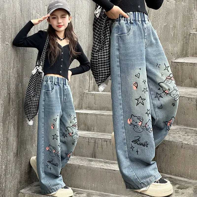 Hot Kawaii Hollekitty Girls Jeans Printed Straight Pants Cute High Waist Loose Wide Leg Pants Versatile Popular Motorcycle Pants