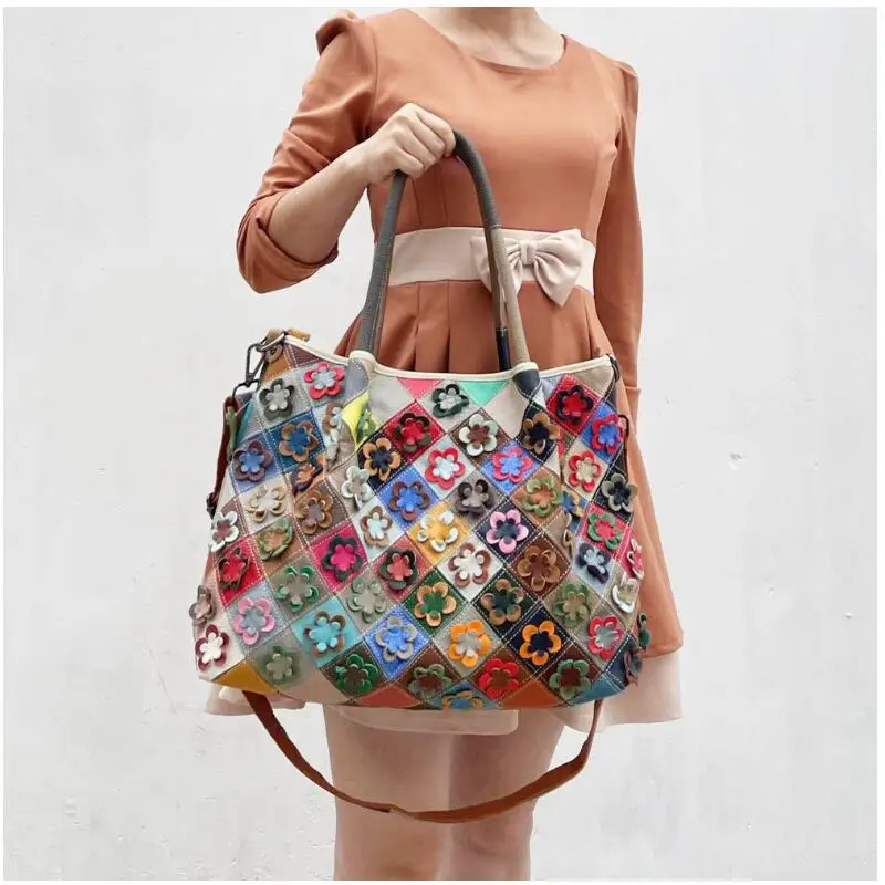 LOMANTINA  New Multi-Colorful Real Leather Luxury Brand Ladies Flower Shopper Purse Handbag Over Shoulder Women Designer Tote