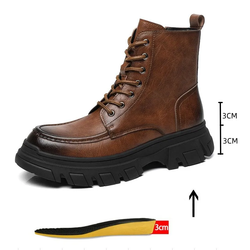 Winter New Style Motorcycle Boots Men Ankel Boots Height Increase Insole 6CM Man Elevator Shoes