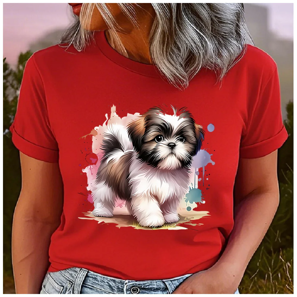Cotton 100% Watercolor Shih Tzu Puppy Graphic Women Red T Shirt Cute Dog Print Summer Short Sleeve Casual Tee Tops