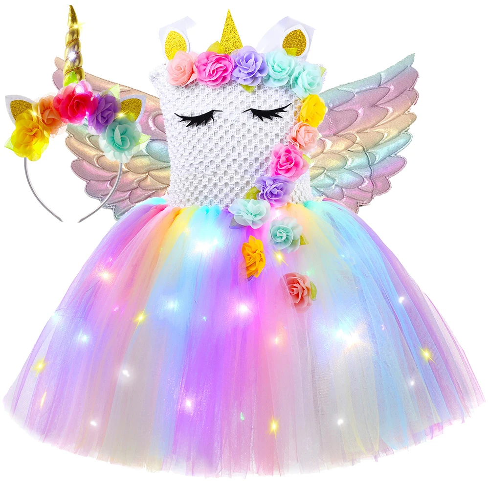 Led Light Unicorn Costumes for Girls Pastel Flowers Princess Dresses for Kids Birthday Christmas Outfit Child New Years Clothes