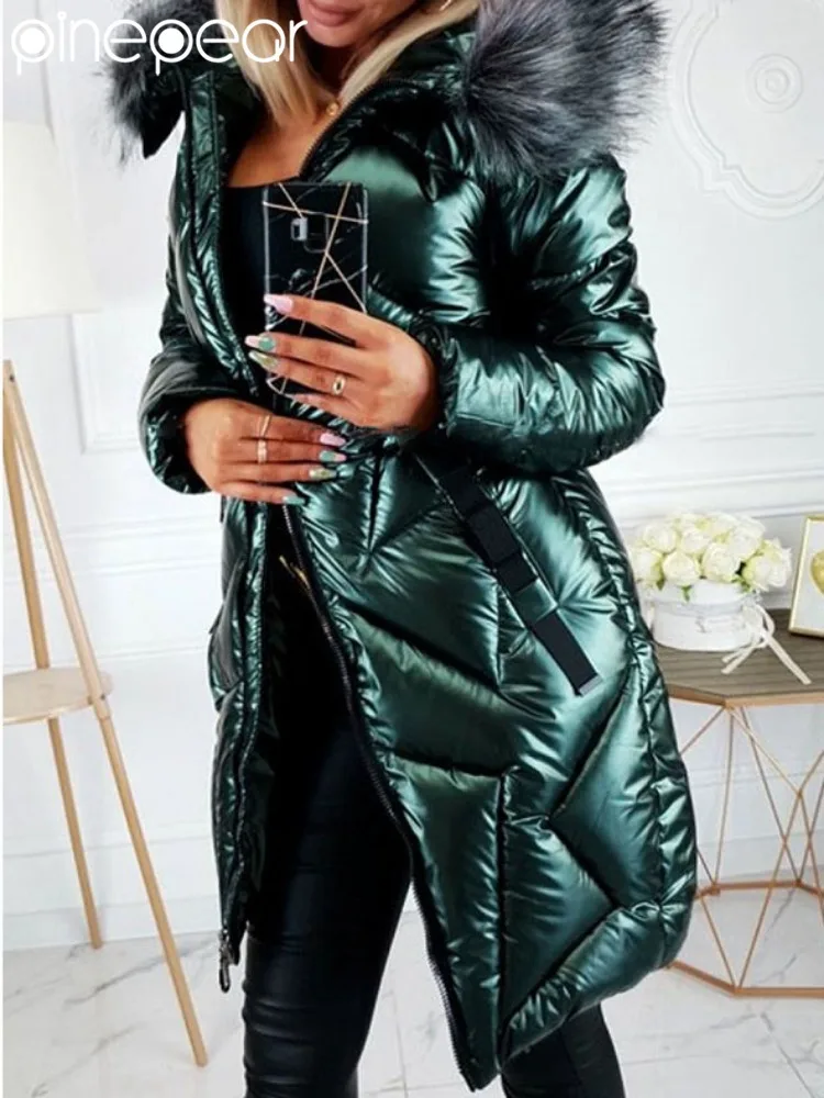 

PinePear/2026 новые модные зимние пуховики женские с меховым капюшоном толстые теплые пальто из 90% хлопка женские водонепроницаемые парки