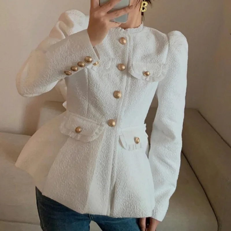 

Puff Sleeve Round Collar Short Jacket For Women New Spring Solid Color Slim Waist Coat Outwear s74