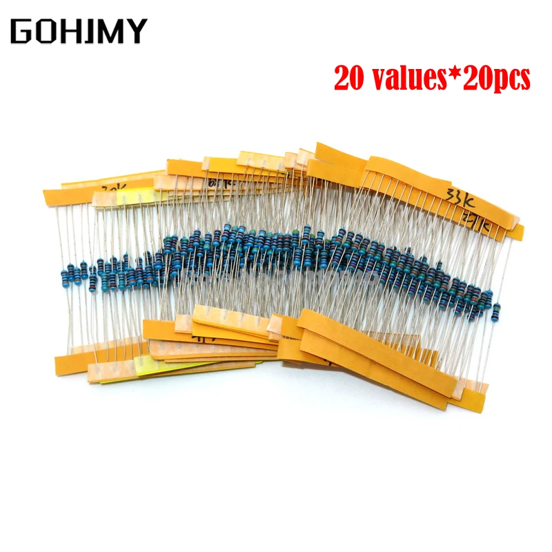 

400pcs/lot 1/4W Metal Film Resistor Assortment Kit 10ohm - 1M ohm 1% Resistance set 1K/10K/4.7K/470/680 electronic resistors