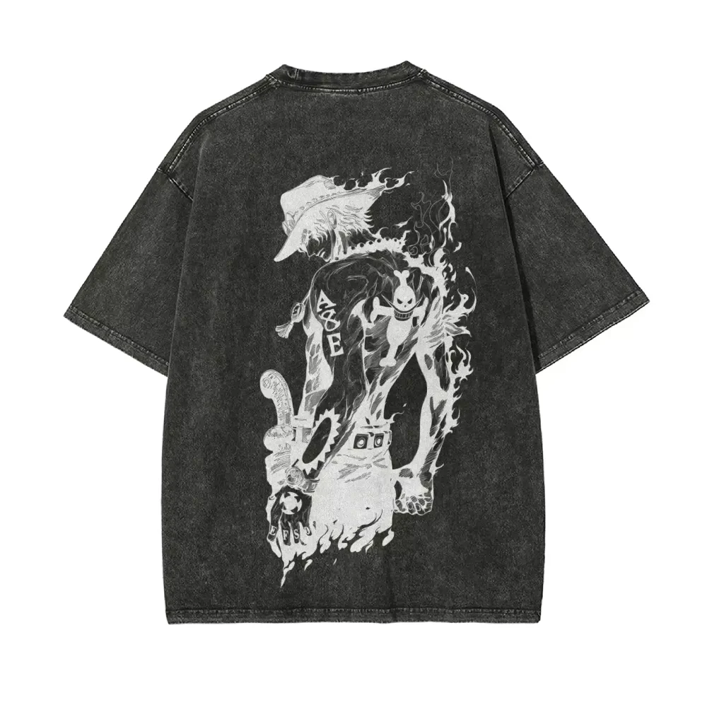 Camiseta Ace para Hombre, Diseño de One Piece, Lavado Ácido, Gráfico de Puño de Fuego, Algodón Vintage, Estilo Urbano, Logotipo de ASCE Tattoo Whitebeard