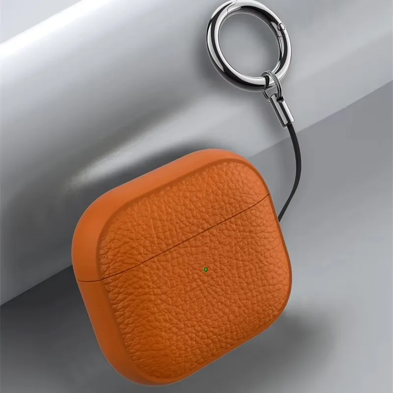 حافظة سماعات رأس فاخرة بنمط جلد الليتشي لأجهزة AirPods 4 3 2 1 مع غطاء حماية بخطاف غطاء ناعم لأجهزة AirPods Pro 1st 2nd Gen