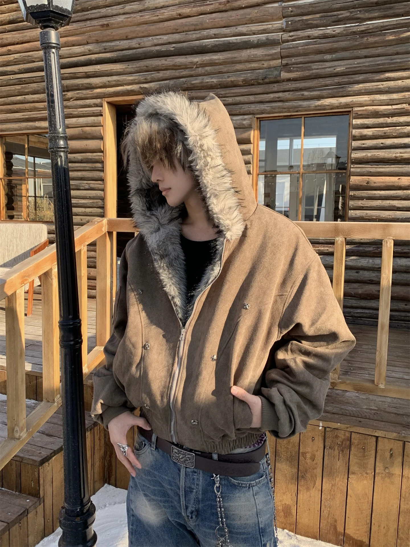 

Американское ретро-пальто с капюшоном из хлопка, утепленное, свободного кроя, для мужчин и женщин, с меховым воротником, на зиму