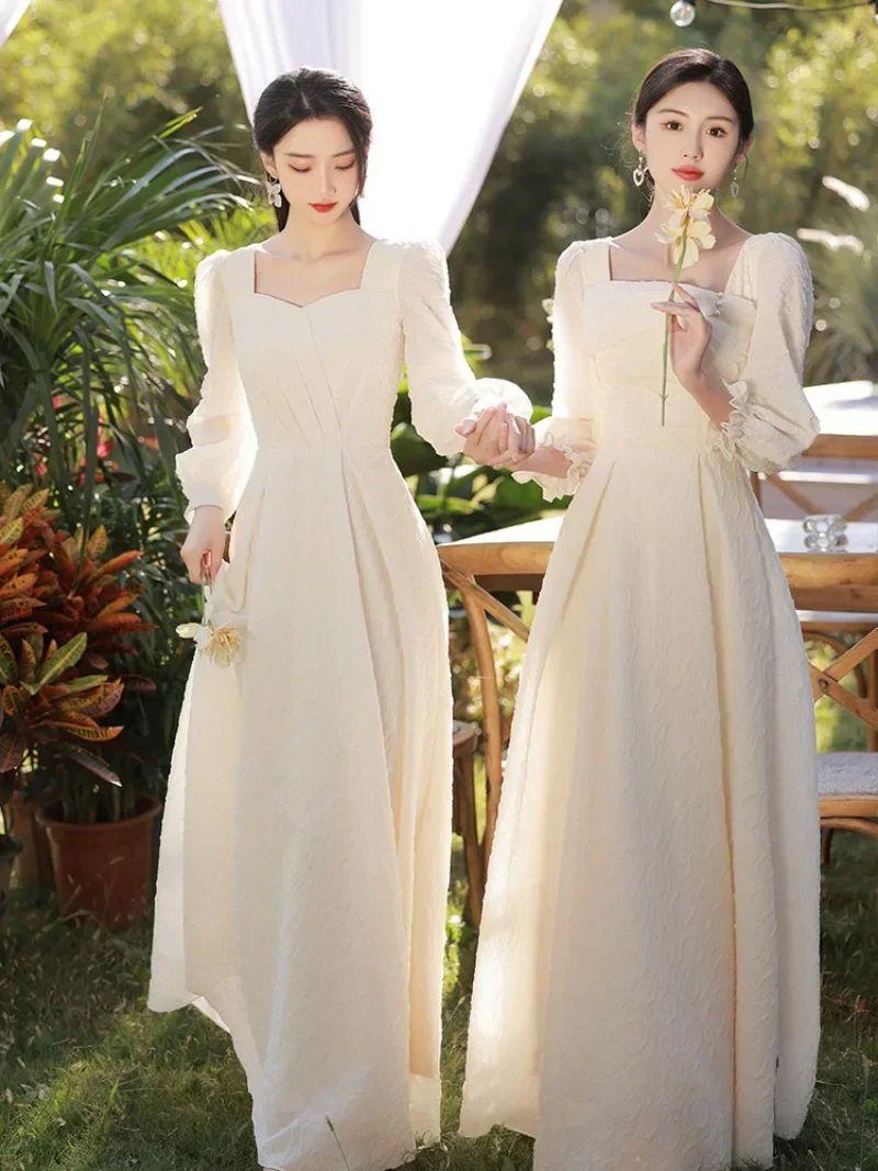 Champagne Bridesmaid Party Dress Women 2023 Chinese Style Long Sleeve Skirts A-line Slim Banquet Vestidos Women's Prom Dresses