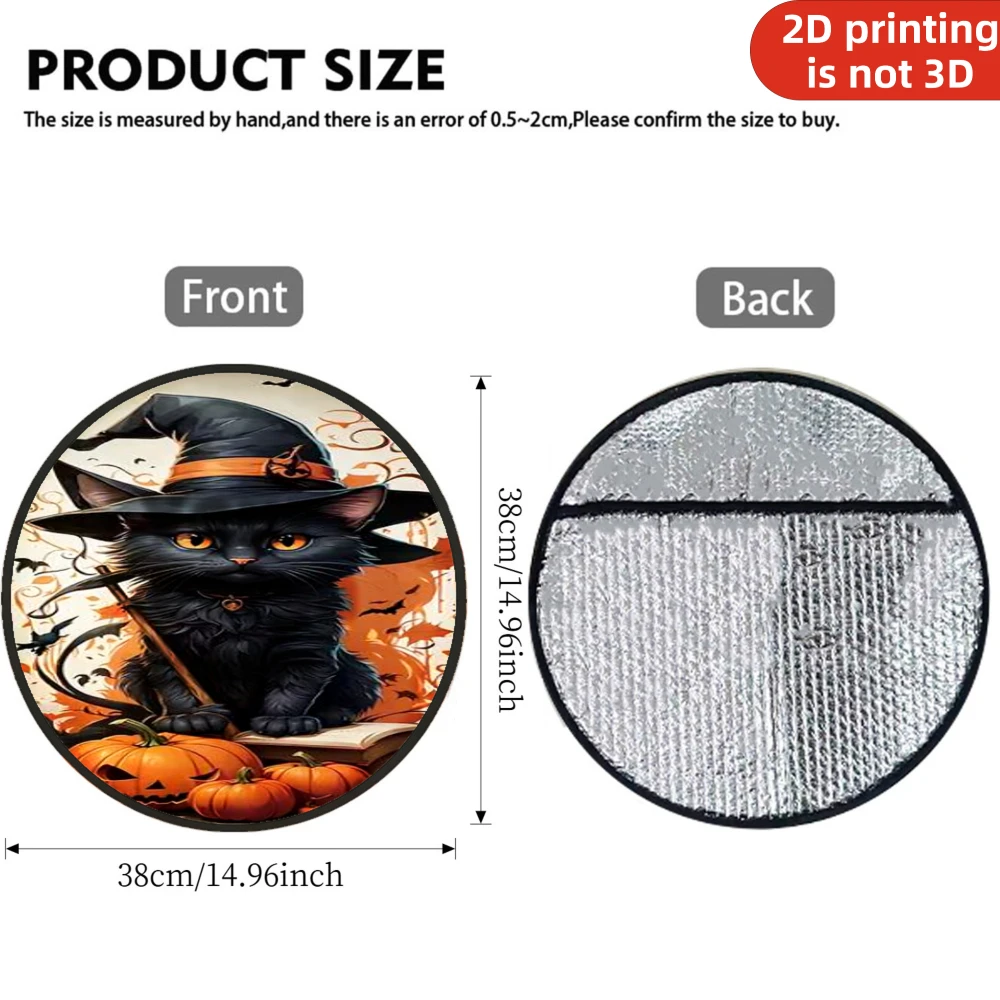 1pc Sunshade Steering Wheel Cover, 2D Flat Printing Halloween Black Cat Wearing Witch Hat With Pumpkins And Book, Sunshade