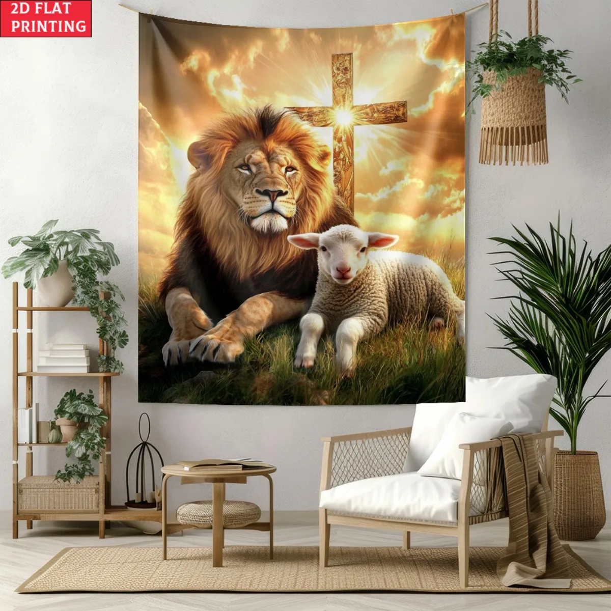 Lion Lamb Cross Tapestry Christian Symbolism Art Wall Hanging Religious Decor Faith Home Art Bible Theme