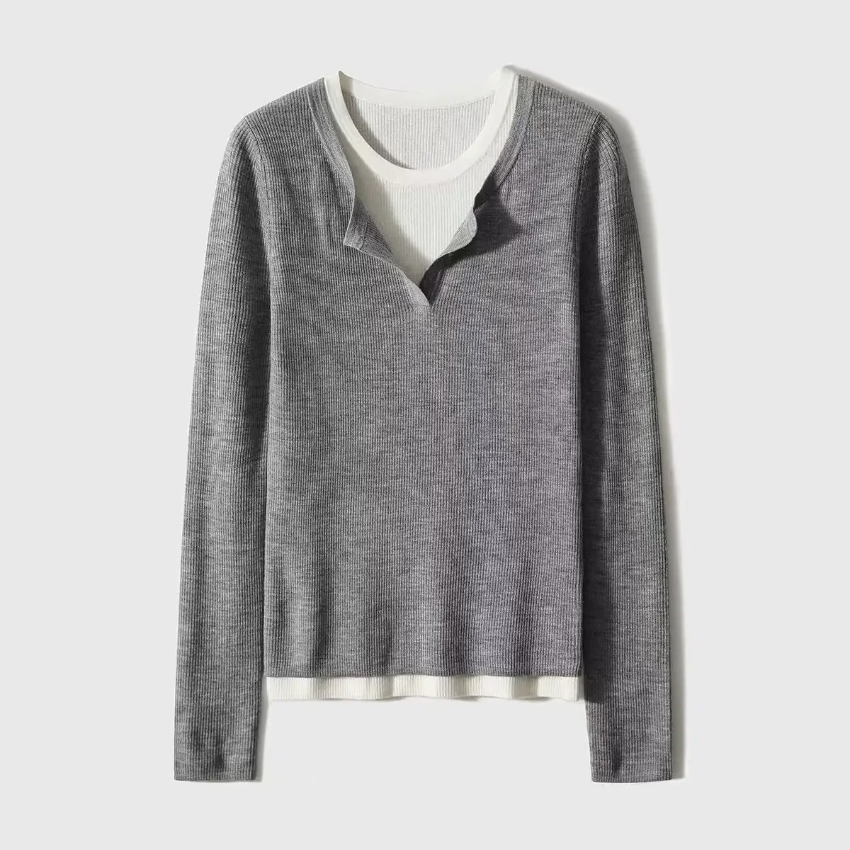 

Весенне-летний новый женский свитер из 100% чистой шерсти с круглым вырезом и длинными рукавами, свободные свободные вязаные топы из двух контрастных шерстяных топов.